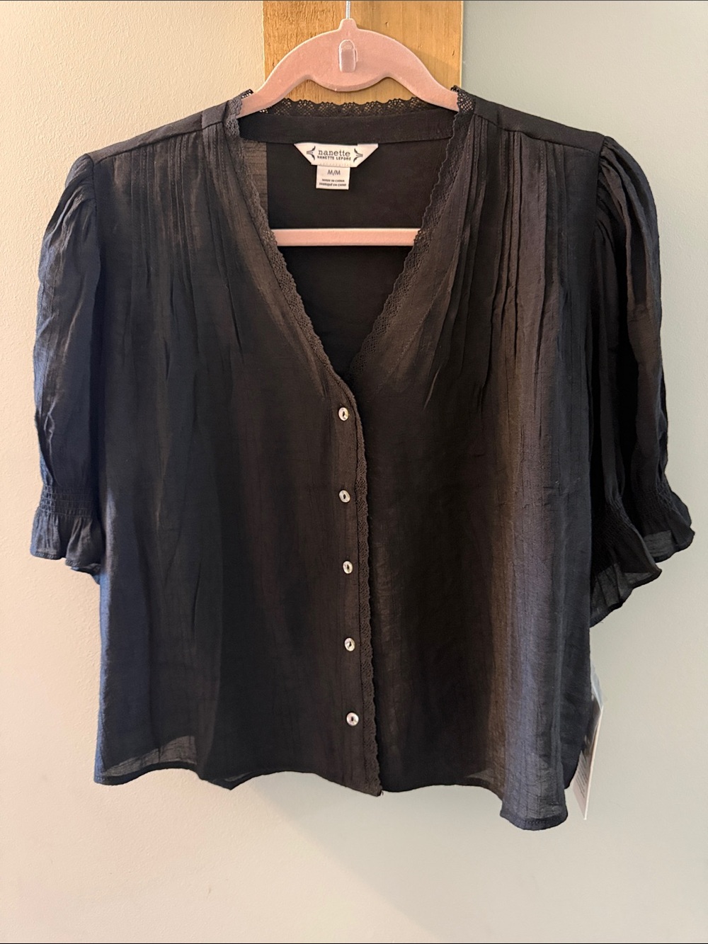 Nanette Lepore Black Button-Front V-Neck Blouse, M, NWTs
